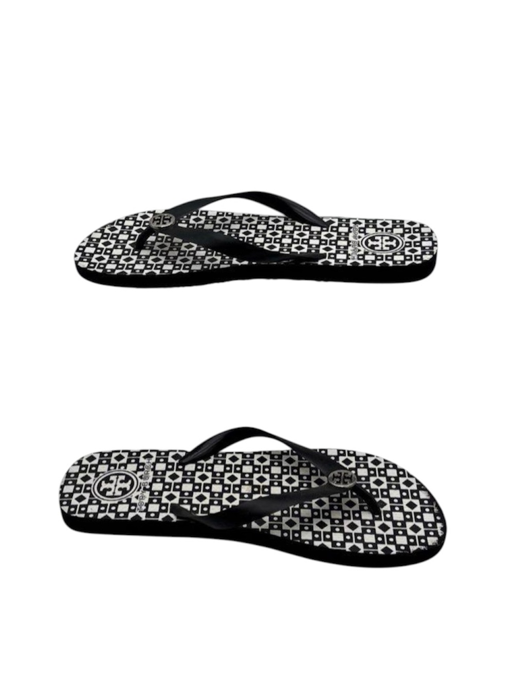 Tory Burch Black & White Patterned Logo Flip Flops - Picture 2 of 3